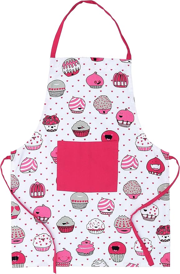 AMOUR INFINI 100% Cotton Cup Cake 3-Piece Kitchen Set Kid's Aprons, Oven Mitts, and Chef Hats Kitchen Play, Cooking, Grilling, Baking Birthday Gift for Girls, Boys & Young Chefs