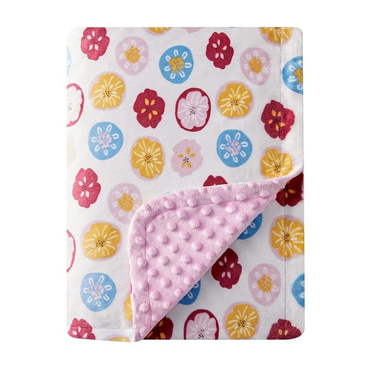 DaysU Silky Micro Soft Plush Baby Blankets for Girls with Print Floral Pattern and Soothing Raised Dots, Double Layer Bed Throws for Toddler Cot, Flower, Pink, 50x60 Inches