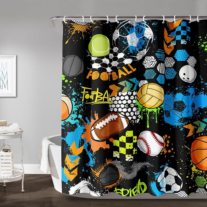 AILONEN Graffiti Sport Shower Curtain,Boys Graffiti Basketball Football Baseball Rugby Sport Bath Curtain Minimalist Bathroom Curtain 72" W*84" H Polyester Waterproof Bathroom Curtain with 12 Hooks