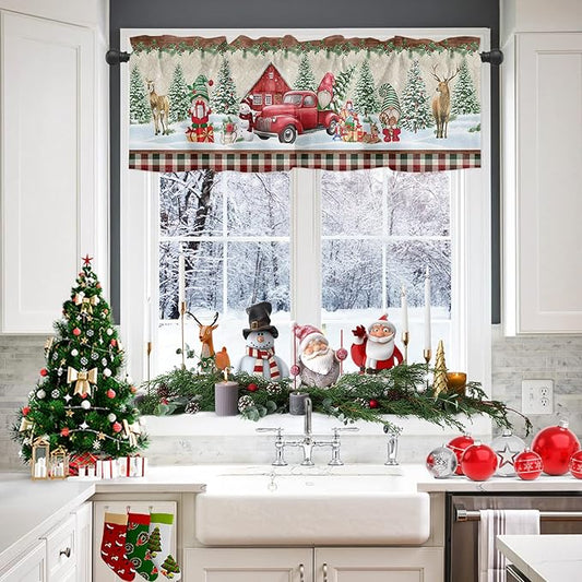 Christmas Farmhouse Valance Kitchen Curtains for Windows, Red Truck Gnomes Rod Pocket Valances Window Treatments Winter Holiday Snowman Short Curtains For Bedroom/ Living Room, 54" X 18" -1 Panel