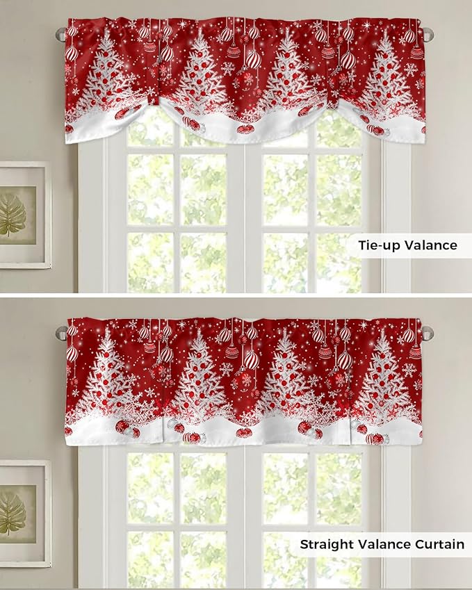 Red Christmas Blackout Tie Up Valance Curtains for Kitchen Windows White Xmas Tree Snowflakes Red Balls Window Toppers Balloon Shades for Living Room/Bathroom/Bedroom,1 Panel, 60" X 18", Winter