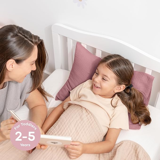 Comfy Cubs Toddler Pillow with Soft Muslin Pillowcase, 13"x18", Mauve (2 Pack) - Kids Pillow for Sleeping & Travel - Comfortable Small Pillow - Kids Travel Pillow with Breathable Microfiber Fill