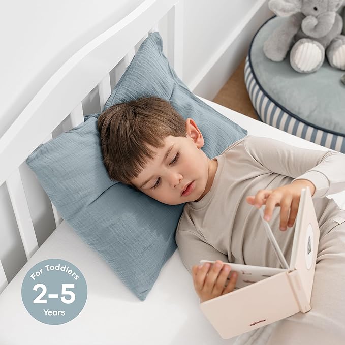 Comfy Cubs Toddler Pillow with Soft Muslin Pillowcase, 13"x18", Pacific Blue, 2 Pack - Kids Pillow for Sleeping & Travel - Comfortable Small Pillow - Kids Travel Pillow with Breathable Microfiber Fill