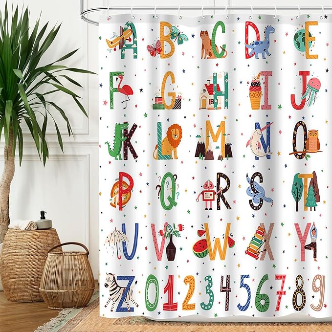 Aperturee Alphabet ABC Learning Shower Curtain for Kids Bathroom Animals Kids ABC Figure Educational Tool Cartoon Animals Girls Boys Colorful Decorative Bath Curtain with 12 Hooks,72x72 Inch