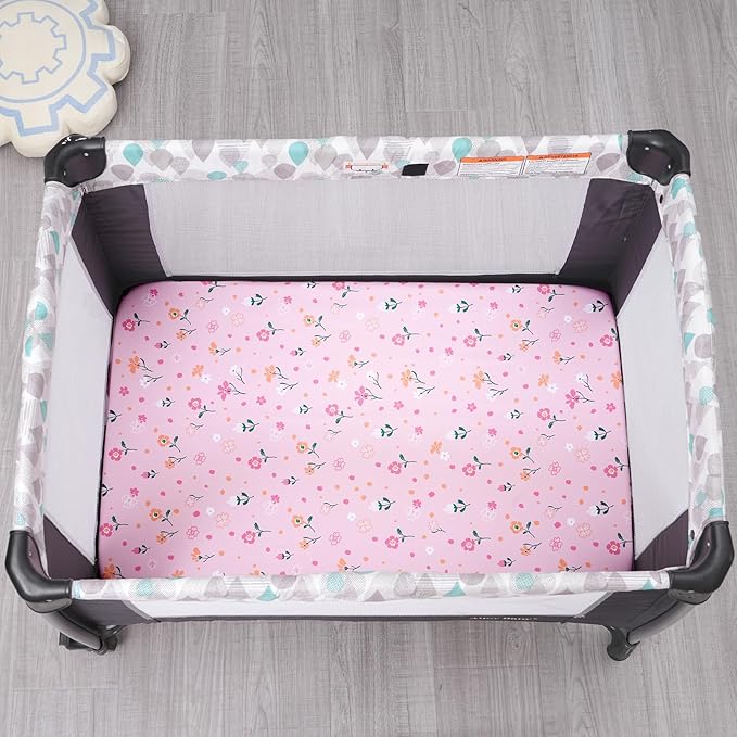 PHF Soft Mini Crib Sheet Set, 2 Pack Silky Comfy Pack N Play Sheets for Boys Girls, Universal Fit for Pack N Play, Playard and Mini Crib Mattresses, Rose Floral