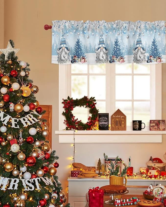 Christmas Gnome Valance Curtains for Kitchen Windows Winter Merry Christmas Tree Balls Rod Pocket Window Treatment Toppers for Kitchen/Living Room/Bedroom/Bathroom, 54" X 18", Blue