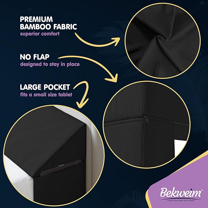 Wedge Pillow Headboard Bed Gap Filler California King - Headboard Pillow 72 X 10 X 6 - Long Pillow for Bed Wedge Gap Filler with Large Pocket for Bed Accessories - Mattress Gap Filler (Black)