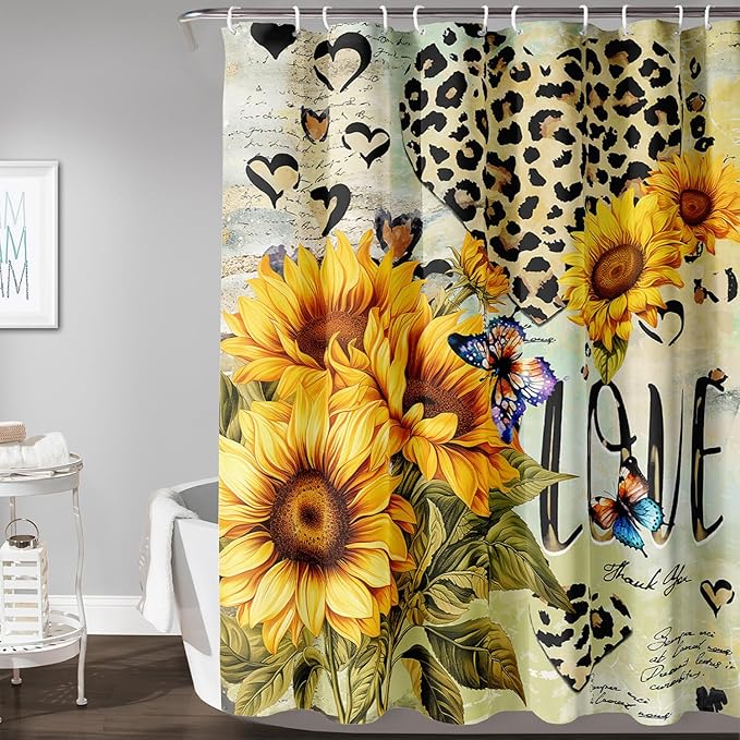 AILONEN Sunflower Waterproof Shower Curtain,Yellow Sunflower Bath Curtain for Girls Women,Romantic Hearts Butterfly Flower Bathroom Curtain with 12 Plastic Hooks, 72" W x 78" H
