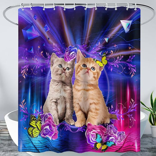 AILONEN 3D Cat Shower Curtain,Cute Kitten Shower Curtain Set for Kids Boys Girls,Cat Lovers Animal Shower Curtain for Bathroom,Rose with Butterfly Bath Curtain with Hooks,72" W*78" H