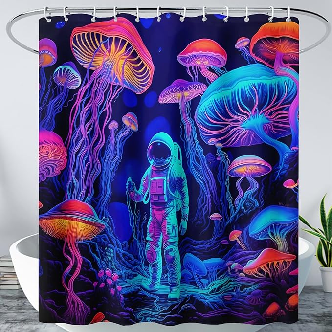 AILONEN Magic Mushroom Shower Curtain,Cartoon Astronaut Shower Curtain Set for Bathroom,Boho Style Jellyfish Waterproof Fabric Bath Curtain for Kids Girls Boys, 72" W*78" H
