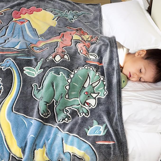 Glow in The Dark Dinosaur Blanket Toddler Boy Kids Dino Present Gifts Soft Fuzzy Fleece Throw Blanket Decorations for Couch Sofa Bedroom