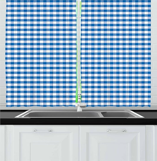 Ambesonne Checkered Kitchen Curtains, Monochrome Gingham Checks Classical Country Culture Old Fashioned Grid Design, Window Drapes 2 Panel Set for Kitchen Cafe Decor, 55" x 30", Blue White