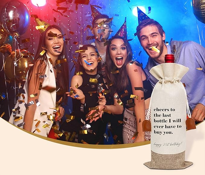 21th Birthday Wine Bag, Cotton Linen Wine Gift Bag With Drawstring, Wine Champagne Bottle Gift Bag, 21st Birthday Gifts Wine Bag for Woman Her Girl Friend Sister, 21th Birthday Party Favors-20