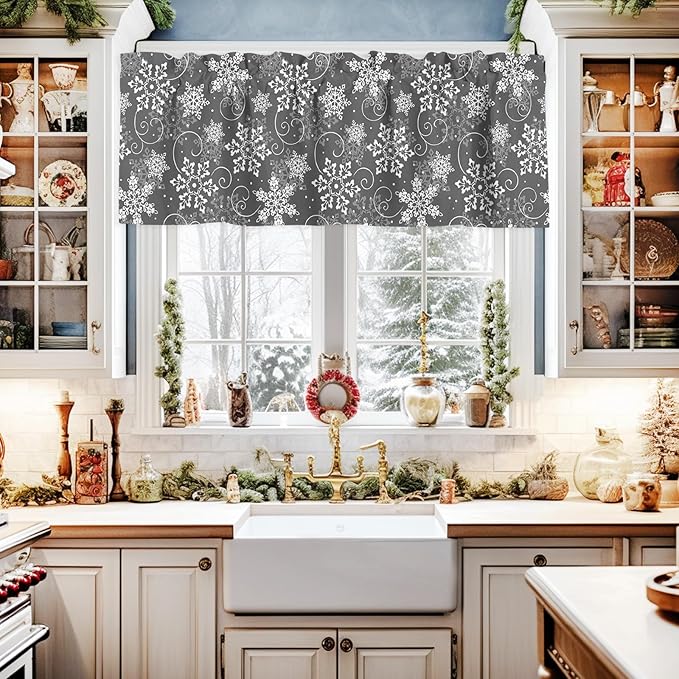 Christmas Valance Curtains for Kitchen Windows Grey White Snowflakes Pattern Rod Pocket Window Treatment Toppers for Kitchen/Living Room/Bedroom/Bathroom, 54" X 18", Winter