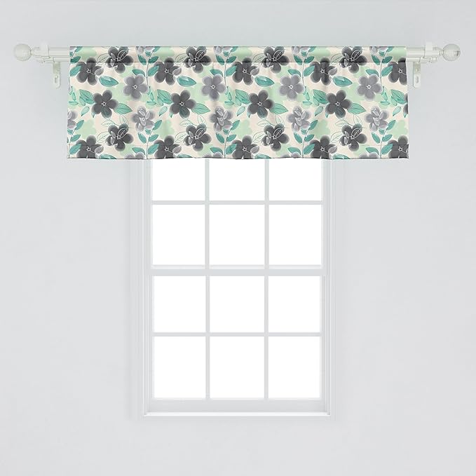 Ambesonne Floral Window Valance, Abstract Nostalgia Pattern with Retro Blooms and Leaves Romantic, Curtain Valance for Kitchen Bedroom Decor with Rod Pocket, 42" x 18", Charcoal Grey Mint Green