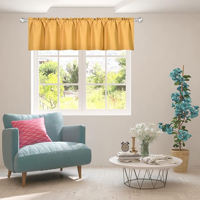 Gold Yellow Extra Wide Valance for Windows 100x18 Inch Solid Thermal Insulated Blackout Rod Pocket Kitchen Short Curtain Toppers Extra Wide Valance for Bathroom Living Room 1 Panel