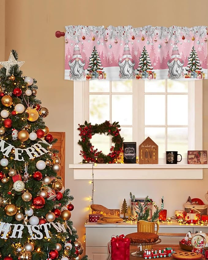 Christmas Gnome Valance Curtains for Kitchen Windows Winter Merry Christmas Tree Balls Rod Pocket Window Treatment Toppers for Kitchen/Living Room/Bedroom/Bathroom, 54" X 18", Pink