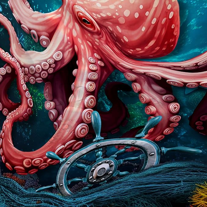 AILONEN Cartoon Red Octopus Shower Curtain for Bathroom,Octopus Tentacles Bath Curtain for Kids,Boys,Girls,Anchor Ocean Animal Theme Waterproof Fabric Shower Curtain Set with Hooks,48" W*72" H