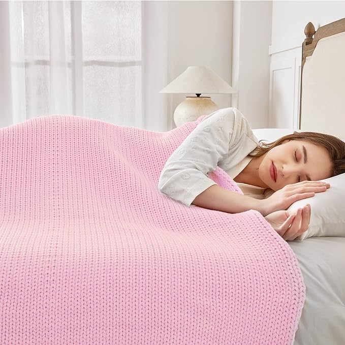 Knitted Weighted Blanket(Pink 50"x60" 10lbs),Home Décor Cooling Throw Blanket for Hot Sleepers,Hand Made Chunky Knit Heavy Blanket or Adults Use on Twin Size Bed