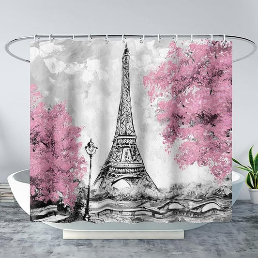 AILONEN Paris Tower Shower Curtain,Retro Gray Tower Waterproof Shower Curtain Set for Boys Kids Teens, 36" W*72" H Cherry Tree Eiffel Tower Pen Drawing Style Shower Curtains