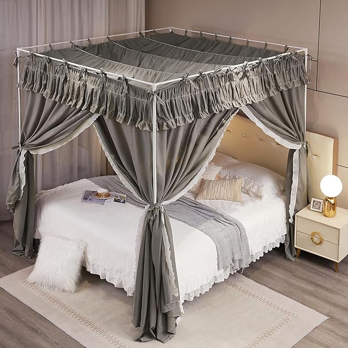 4 Corners Post Princess Ruffle Curtain Bed Canopy Lace Up Elastic Cozy Breathable Tent Mosquito Net for Girls Bedroom Decoration(Grey, 59-64" W*82" L*82" H/Queen)