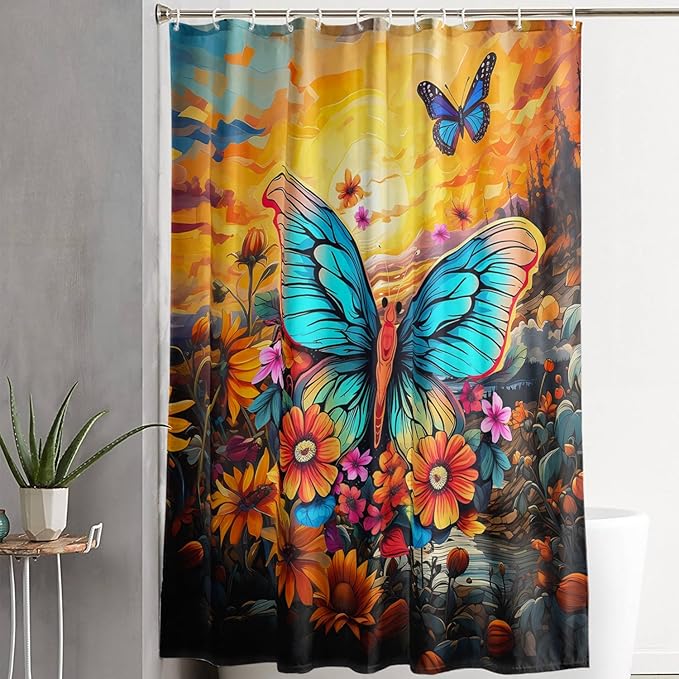 AILONEN Beautiful Butterfly Shower Curtain,Blue Butterfly with Sunflower Bath Curtain for Bathroom for Boys,Girls,Natural Plants Waterproof Fabric Shower Curtain Set with Hooks,60" W*72" H