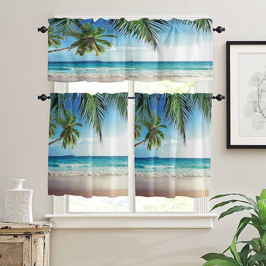 Kitchen Curtains and Valances Set,Palms Tree Ocean Tropical Sea Window Treatments Tiers Beach Theme Semi Sheer Half/Short Curtains for Small Windows Cafe /Living Room/ Bedroom 54x36 in, 3-Piece