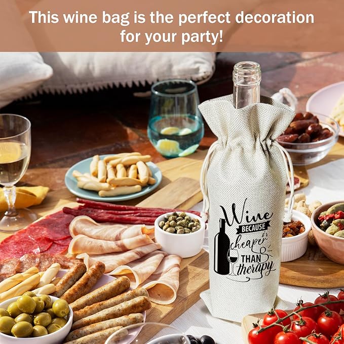 Wine Gift Bag, Gift for Women Men Sister Friends Wine Enthusiasts, 1pcs Wine is Cheaper Than Therapy Reusable Burlap Drawstring Wine Gifts Bag for Wine Bottles, Holiday Party Favor -06