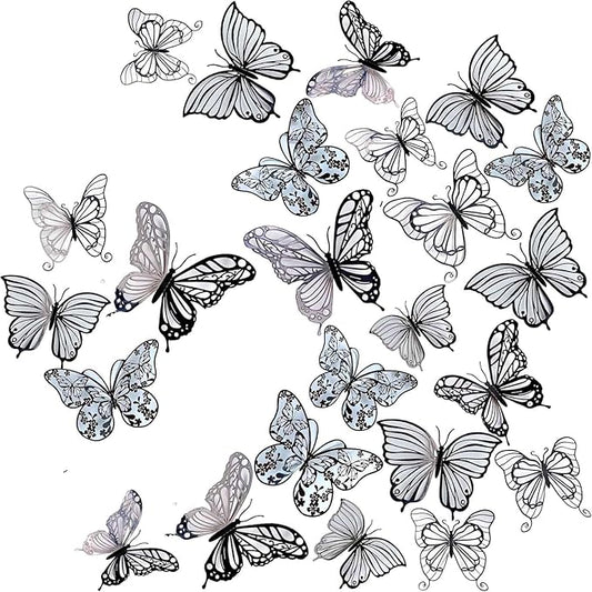 3D Butterfly Wall Decor 3 Sizes 4 Styles, Kurilai 48Pcs Butterfly Decorations Party Birthday Cake Decoration, Removable Wall Stickers for Kids Nursery Wedding Bedroom Room Decor (Black)
