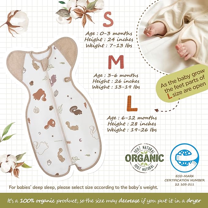 Swaddle, Cool Air Mesh, Infant Transition Safe Sleep Sack for Baby Girl & Boy, 100% Organic Cotton Blanket (Large 6-12 Months 19-26lbs 28 Inches Chipmunk)