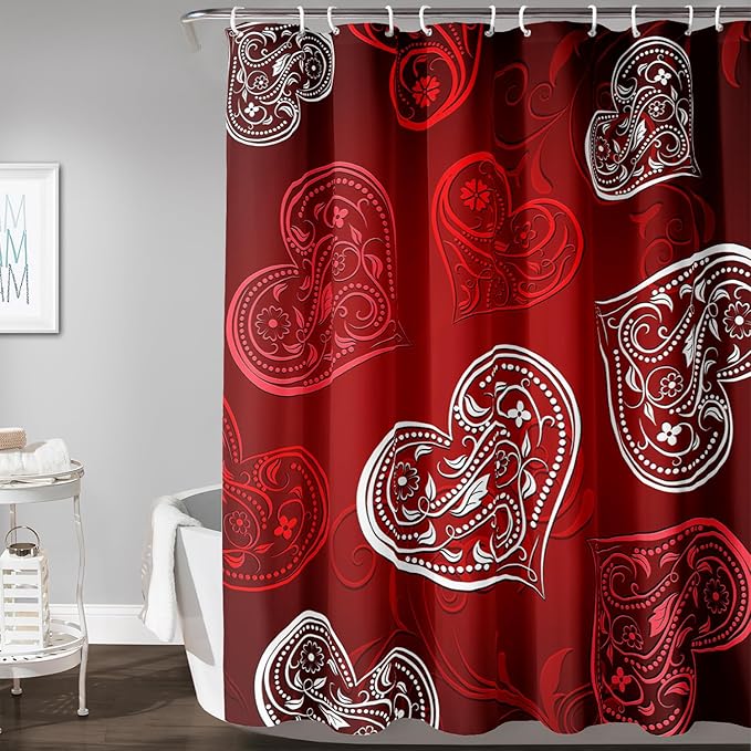 AILONEN Heart Love Shower Curtain for Bathroom, Red and White Floral Hearts Print Bath Curtain,Minimalism Hearts Decoration Shower Curtain Waterproof with 12 Plastic Hooks, 72" W*78" H