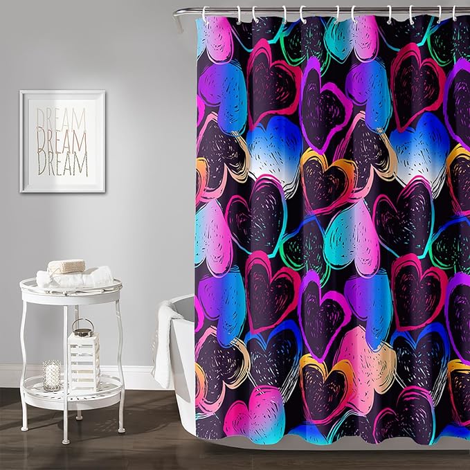 AILONEN Hearts Shower Curtain for Bathroom, Colorful Hearts Love Theme Bath Curtain for Kids Girls Women,Abstract Hearts Print Black Shower Curtain Waterproof with 12 Plastic Hooks, 72" W*72" H