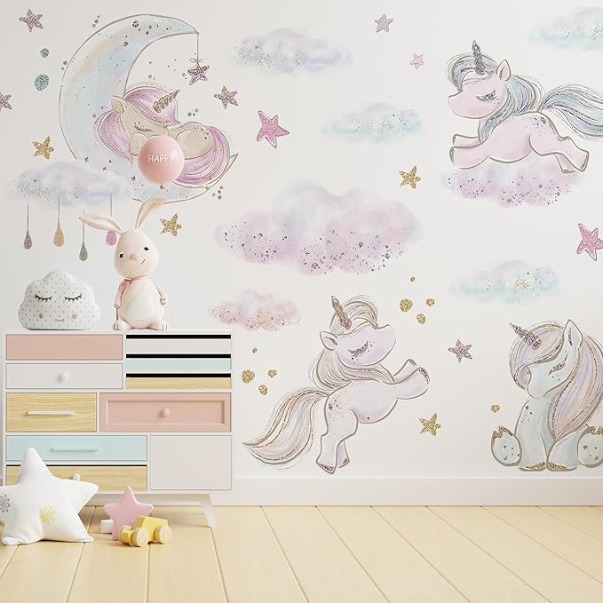 Unicorn Wall Decals for Kids by Lipastick - 209 pcs Unicorn Wall Stickers Peel and Stick - Wall Decals for Girls Kids Baby Nursery Bedroom - Kids Colorful Decals Glittered Moon Stars Clouds XXL Size