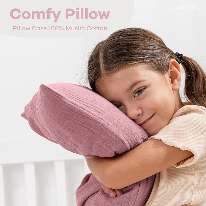 Comfy Cubs Toddler Pillow with Soft Muslin Pillowcase, 13"x18", Mauve (2 Pack) - Kids Pillow for Sleeping & Travel - Comfortable Small Pillow - Kids Travel Pillow with Breathable Microfiber Fill