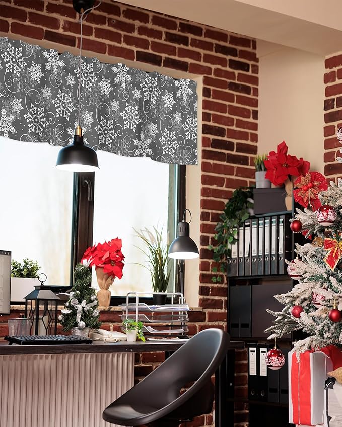 Christmas Valance Curtains for Kitchen Windows Grey White Snowflakes Pattern Rod Pocket Window Treatment Toppers for Kitchen/Living Room/Bedroom/Bathroom, 42" X 18", Winter