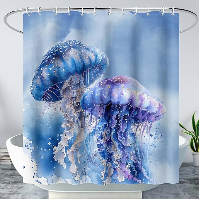 AILONEN 3D Jellyfish Shower Curtain,Beautiful Jellyfish Shower Curtain for Bathroom,Watercolor Blue Ocean Waterproof Fabric Shower Curtain Set with Hooks,72" W*96" H