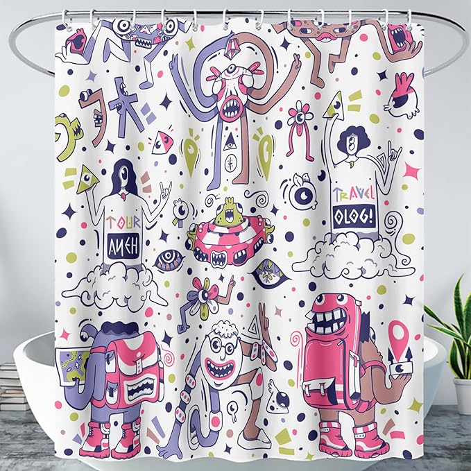 AILONEN Alien Shower Curtain,Spaceship Universe Theme Waterproof Fabric Shower Curtain Sets, 48" W*72" H Monster Robot Bathroom Decor for Boys Teens Kids