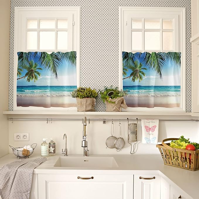 Kitchen Curtains and Valances Set,Palms Tree Ocean Tropical Sea Window Treatments Tiers Beach Theme Semi Sheer Half/Short Curtains for Small Windows Cafe /Living Room/ Bedroom 54x24 in, 3-Piece