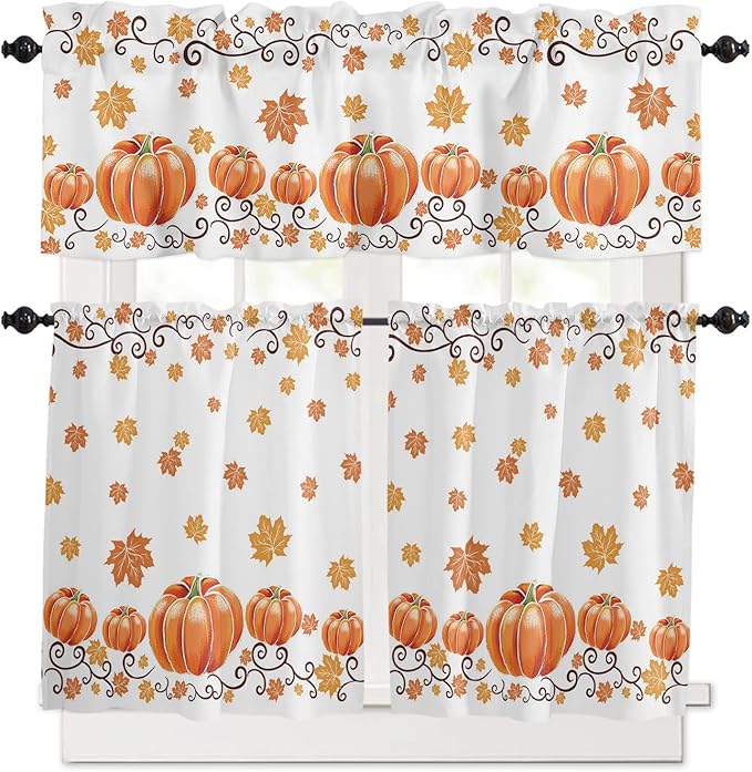 Fall Maple Leaves Kitchen Curtains and Valances Set, Thanksgiving Watercolor Pumpkins Half/Short Curtains for Small Windows Cafe /Living Room/ Bedroom 54x 36 in-,Orange Window Treatments Tiers