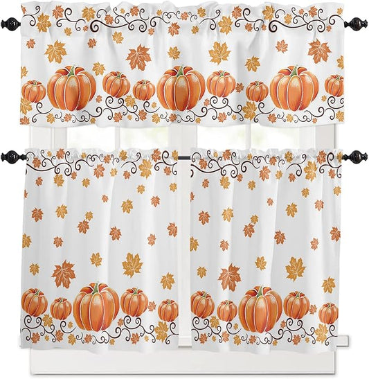 Fall Maple Leaves Kitchen Curtains and Valances Set, Thanksgiving Watercolor Pumpkins Half/Short Curtains for Small Windows Cafe /Living Room/ Bedroom 54x 36 in-,Orange Window Treatments Tiers