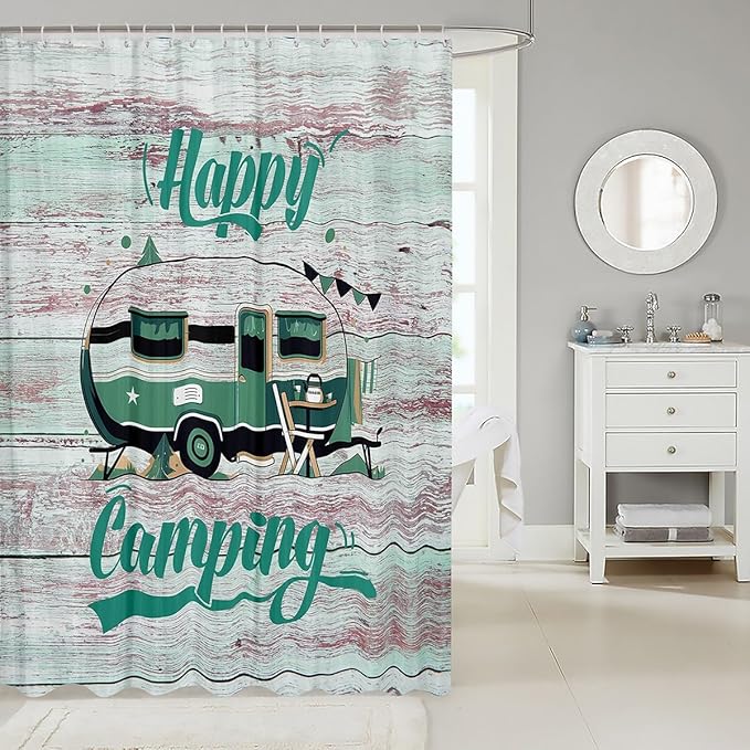 Feelyou Camper Shower Curtain Camping Bathroom Shower Curtain Set Happy Camping Bath Curtain for Kids Boys Girls Cartoon Camping Kids Bathroom Accessories 72"x78"