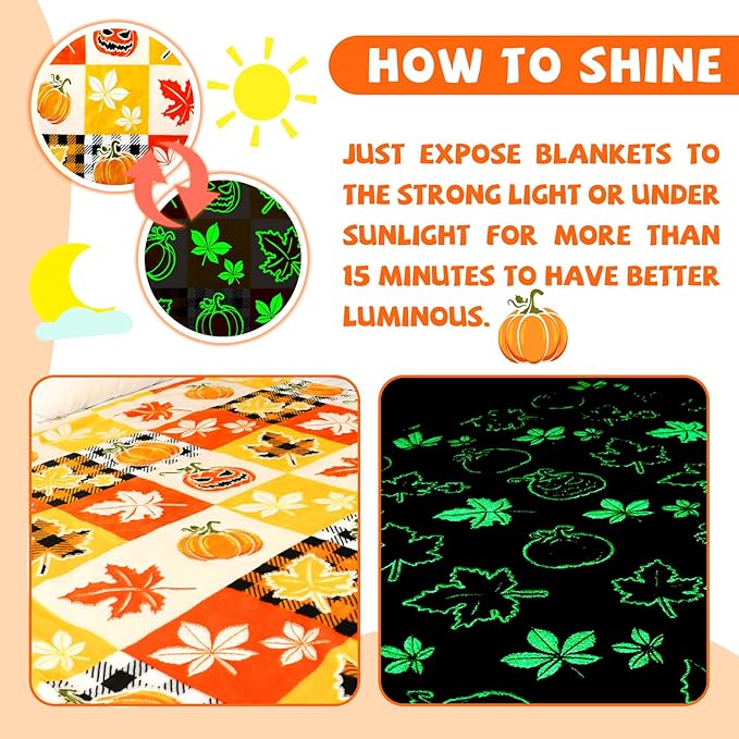 Pumpkin Blanket Checkered Blanket Plaid Glow in The Dark Blanket for Kids Women Fall Blanket Halloween Decorations for Room