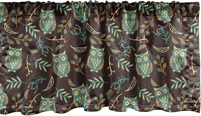 Ambesonne Owl Print Window Valance, Night Birds Leaves Berries Warm Autumn Colors Cartoon, Curtain Valance for Kitchen Bedroom Decor with Rod Pocket, 54" X 12", Brown Green