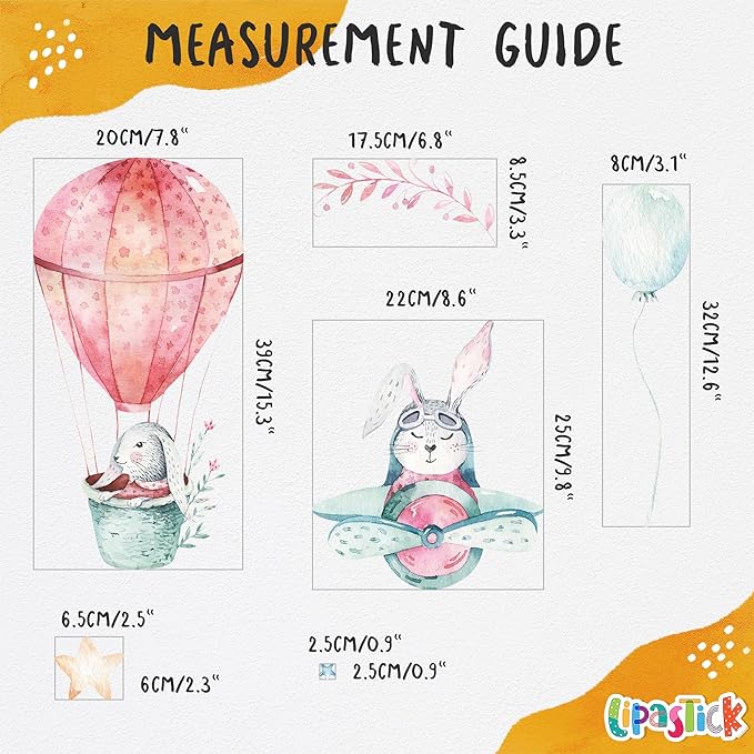 Bunny Wall Decals for Kids by Lipastick - Rabbits Wall Stickers Peel and Stick - Hot Air Balloon Wall Decals for Girls Boys Kids Baby Nursery Room Bedroom - Bunies Wall Decor Aircraft S Size