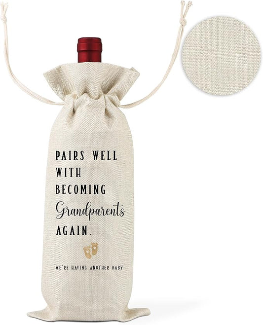 Pregnancy Announcement,Gift for Being Grandparents Again,Wine Bag Gifts for Grandparents,New Baby Gift,Pairs Well With Becoming Grandparents Again,1 Drawstring Gift Wine Bag,Q22