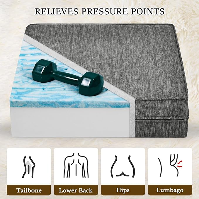 baibu 18"x 18"x 4" Dual-Layer Gel Memory Foam Chair Seat Cushion for Recliners, Couches, Armchairs, Extra Large Non-Slip Chair Cushions for Seniors, Washable, Grey