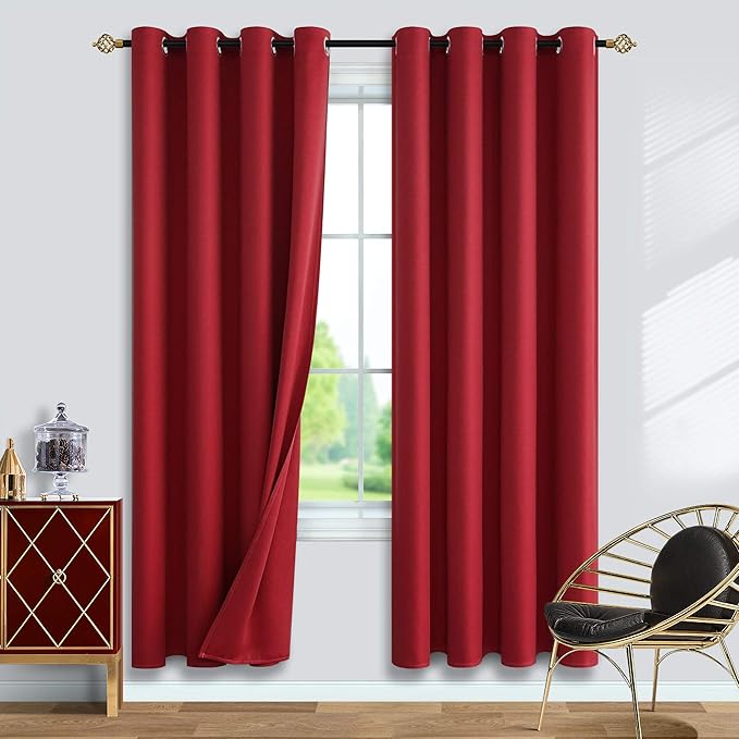 Mrs.Naturall Red Curtains for Bedroom 84 Inch Length 2 Panels Set Blackout Grommet Window Black Out Luxury Curtains for Living Room 84 Inches Long,Rose Colored