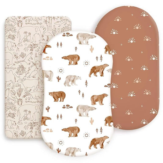 GRSSDER Stretchy Ultra Soft Bassinet Sheet 3 Pack, Universal Fit for Bassinets Baby Cradle Moses Basket Oval Rectangle Mattress or Changing Table Pad Safe and Snug, Stylish Print of Sunny Bear