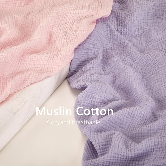 TILLYOU 2 Pack Muslin Crib Sheet for Boys and Girls - 100% Cotton Fitted Crib Sheet for Toddler Standard Crib Mattress, Soft and Breathable, 52"x28"x8",Light Purple&Light Pink