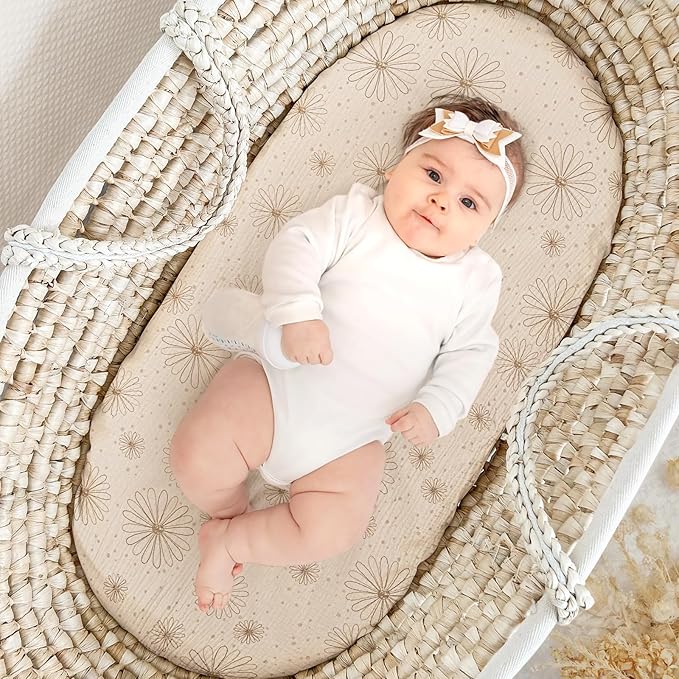 Muslin Bassinet Sheets Baby: Cotton Bassinet Sheets Fitted for Boys and Girls - Bassinet Sheets for Oval Rectangle or Hourglass Mattress(Sand Daisy)